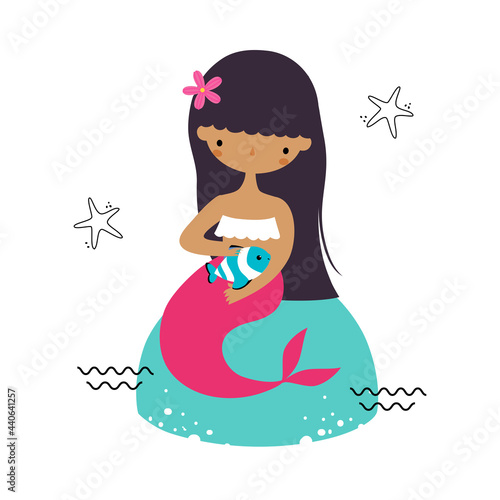 Mermaid with Black Hair Sitting on Boulder Vector Illustration