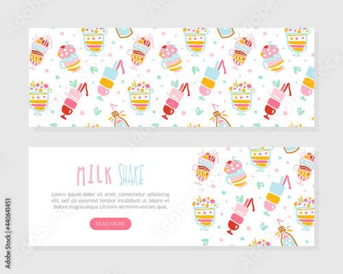 Milkshake Landing Page Template, Healthy Ice Cream Drinks and Fresh Milk Beverages Website Interface Vector Illustration