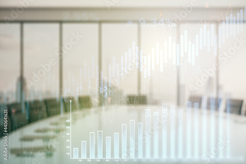 Multi exposure of abstract virtual financial graph hologram on a modern conference room background  forex and investment concept