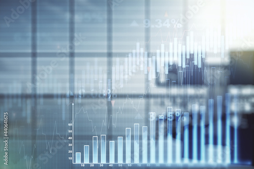 Double exposure of virtual creative financial diagram on a modern boardroom background  banking and accounting concept