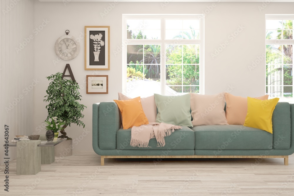 White living room with sofa and summer landscape in window. Scandinavian interior design. 3D illustration White living room with sofa and summer landscape in window. Scandinavian interior design. 3D illustration