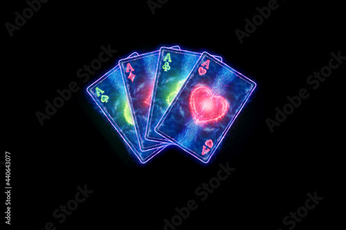Wallpaper Mural Neon playing cards for poker, four aces on a dark background. Design template. Casino concept, gambling, header for the site. Copy space, 3D illustration, 3D render Torontodigital.ca