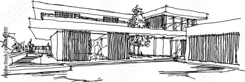 hand drawn architectural sketches of modern two story detached house with flat roof and people around