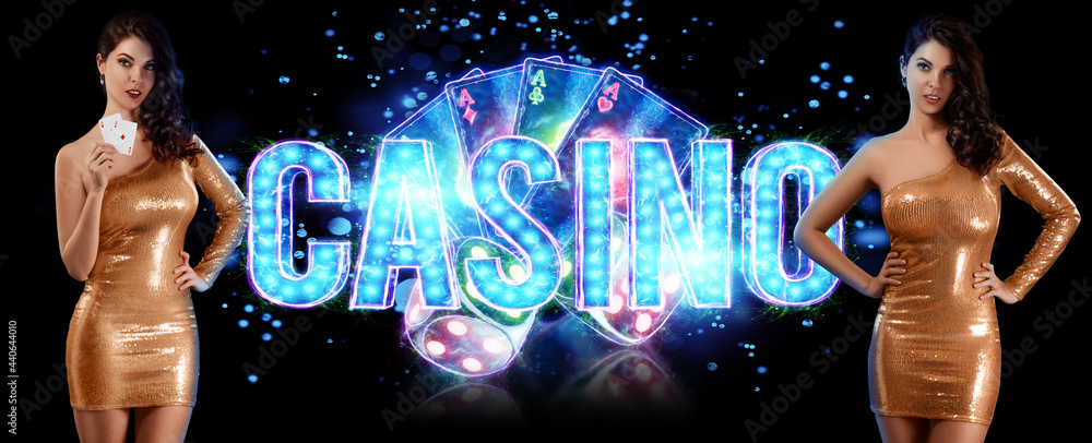 A beautiful young girl in a gold dress holds playing cards, neon casino inscription, cards and dice in her hands. Banner concept for casino, poker, flyer, gambling, croupier, header for the site.