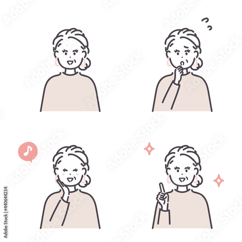 シニア女性の基本ポーズのイラストセット