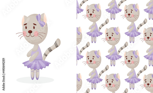 Vector seamless pattern in child style with a cat ballerina. 
