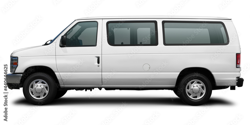 Side view of a modern passenger American minibus in white. Isolated on a white background.
