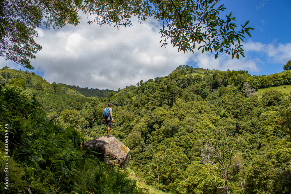 Hiker in green landscape, trees and hills, Azores islands.