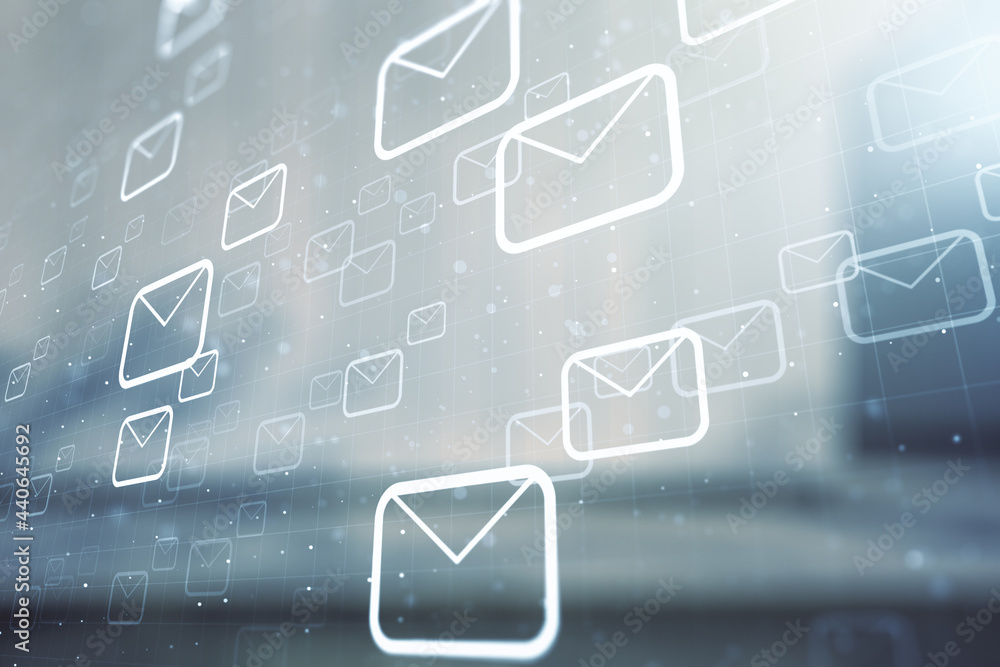 Abstract virtual postal envelopes hologram on blurry contemporary office building background, email and notification concept. Multiexposure Abstract virtual postal envelopes hologram on blurry contemporary office building background, email and notification concept. Multiexposure