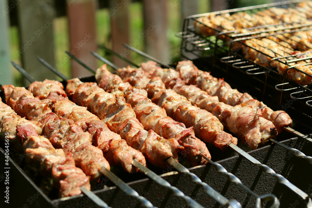 Meat cooked on skewers on the grill, barbecue in nature