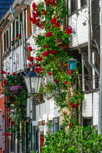 Fachwerkhäuser und Blumen in der Altstadt von Kempen