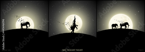 Elephant family. Endangered animal set. Full moon. Death and afterlife