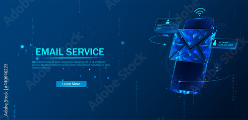 Illustration of the polygon vector of the email service. The concept of email messages as part of business marketing.Laptop with an envelope, open the email and message on the screen.
