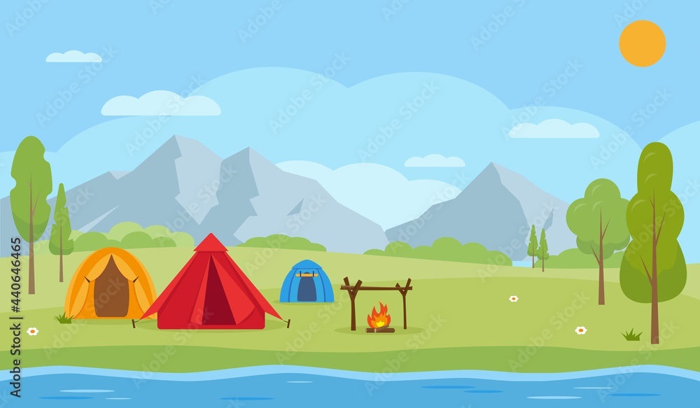 Countryside Summer Camping landscape. Travel concept.