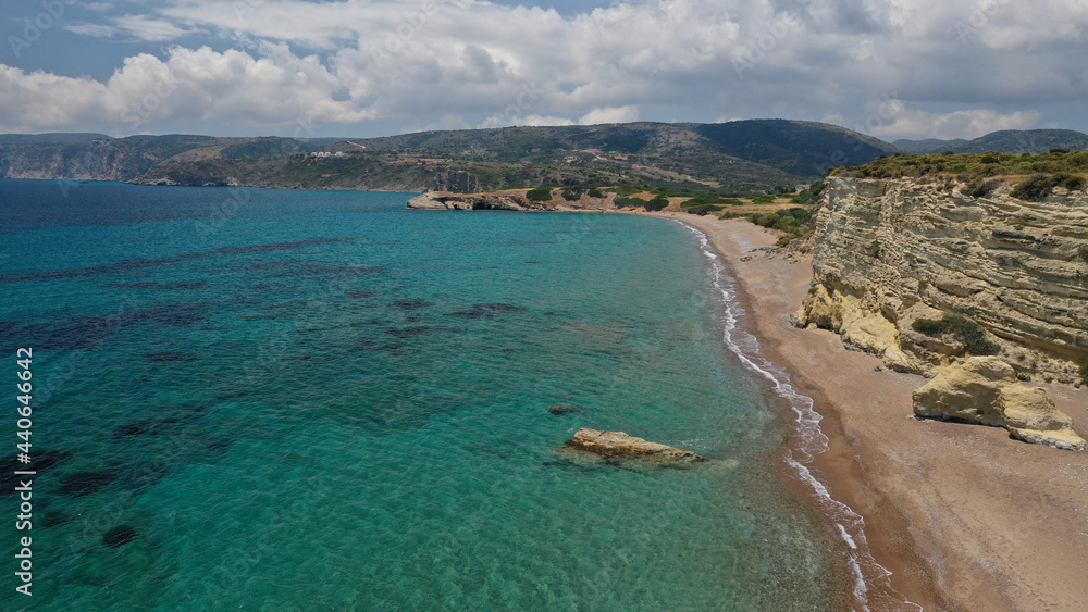 Aerial drone photo of famous Palaiopoli beach near small picturesque village of Avlemonas, Kythira island, Ionian, Greece