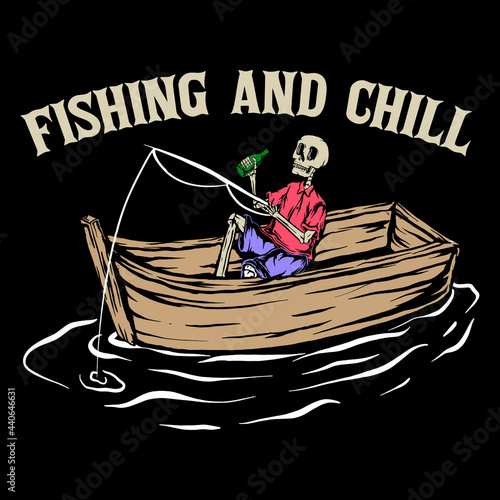 design tshirt, illustration skeleton fisher and drink beer