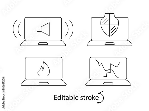 Computer problems outline icons set. Bad sound. Notebook damage. Computer repair wizard