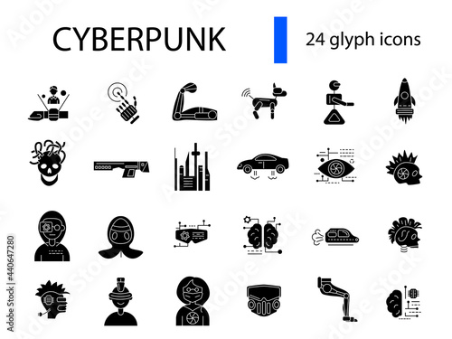 Cyberpunk glyph icons set. Futuristic city. Exoskeleton and high tech technology. Bio-robot gadgets