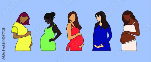 Pregnant women isolated vector. Modern minimalistic illustrations. Pregnant women of different ethnic backgrounds. Pregnant women hold their belly. Mothers are expecting newborns. Mother care concept.