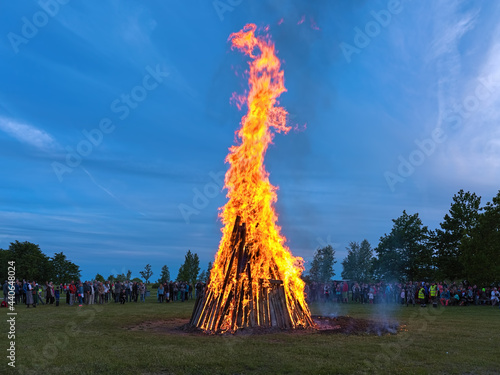 Kuressaare, Saaremaa island, Estonia. Traditional large bonfire to celebrate the Jaanipaev (Jaan's Day). This Estonian public holiday corresponds to the English Midsummer Day.