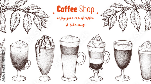 Coffee cups, beans and coffee tree illustration. Vintage design for coffee shop. Engraved vector illustration.