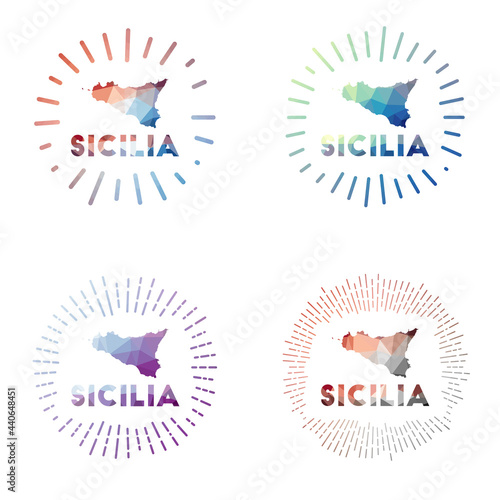 Sicilia low poly sunburst set. Logo of island in geometric polygonal style. Vector illustration.