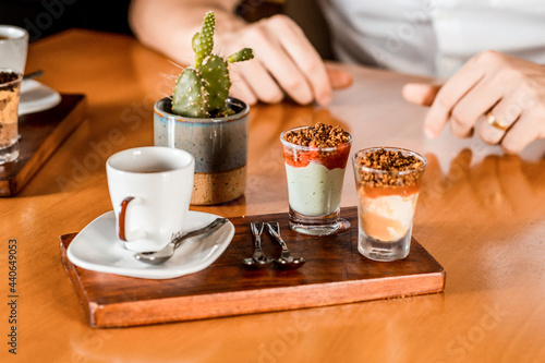 Delicious Dessert Cafe Gourmand Close Up Restaurant On a Wooden Table Coffee High Res