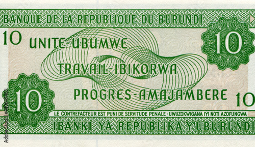 Fotografie paper money banknote bill of Burundi 10 francs, circa 2005