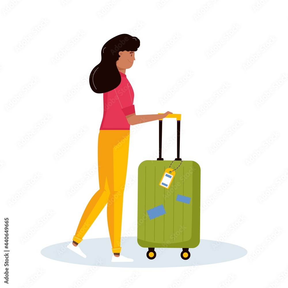 Woman holding luggage for adventure tourism, travel. Journey decorative design with suitcase, baggage for traveler. Flat cartoon trendy vector. Woman holding luggage for adventure tourism, travel. Journey decorative design with suitcase, baggage for traveler. Flat cartoon trendy vector.