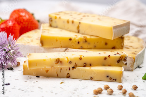 Cheese collection, matured cow cheese with mustard seeds from Belgium
