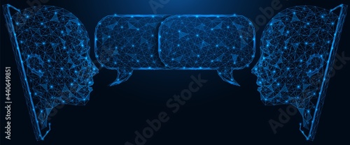 Online chat. Video conference. Mobile application for communication. Polygonal construction of lines and points. Blue background.
