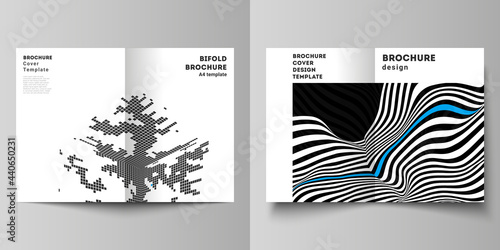 The vector layout of two A4 format modern cover mockups design templates for bifold brochure, magazine, flyer, booklet, report. Abstract big data visualization concept backgrounds with lines and cubes