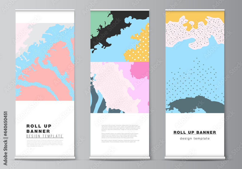 Vector layout of roll up mockup design templates for vertical flyers, flags design templates, banner stands, advertising. Japanese pattern template. Landscape background decoration in Asian style.
