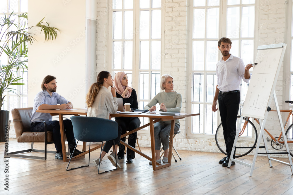 © fizkes - Businessman coach pointing at diagram on white board, making flip chart presentation to diverse employees, explaining project strategy, training staff, businesspeople listening to mentor at seminar