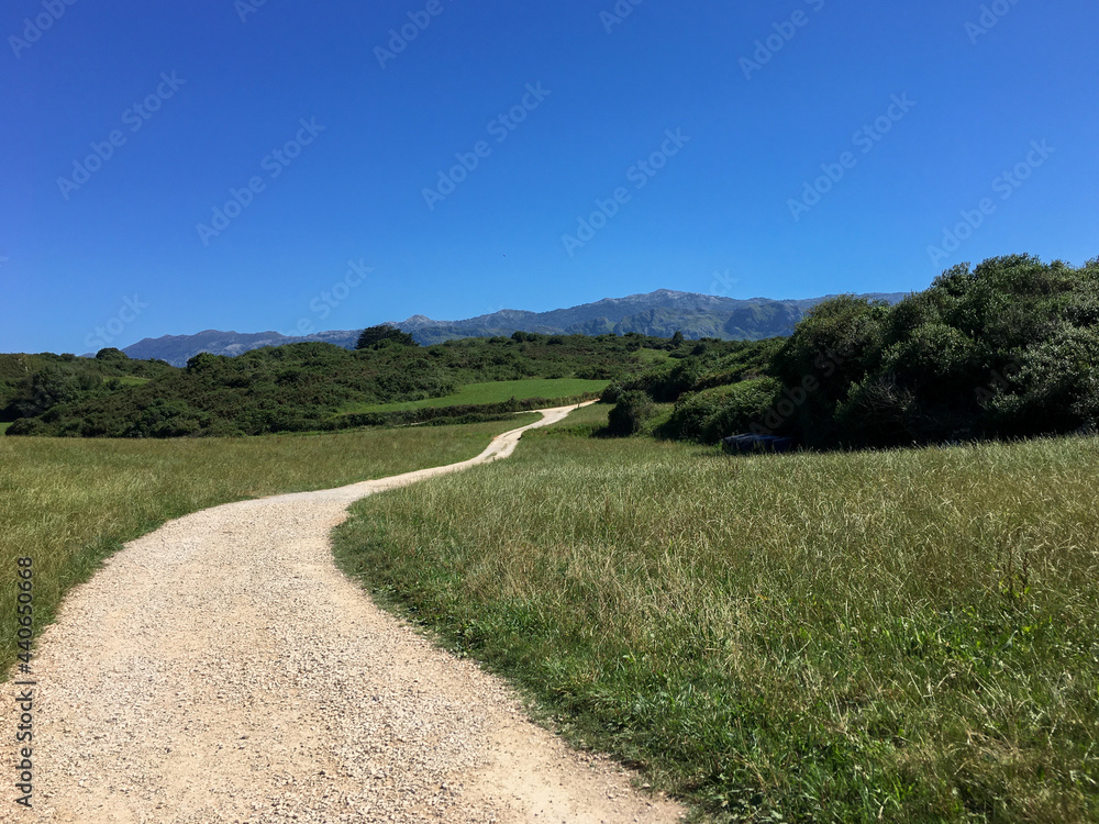 Dirt trail through the countryside with mountains in the background Dirt trail through the countryside with mountains in the background