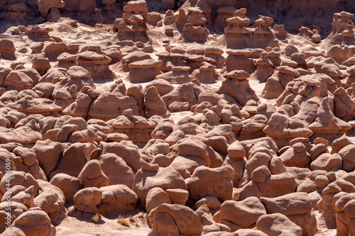 Bizarre mushroom shaped hoodoo rock formations in Goblin Valley State Park Utah
