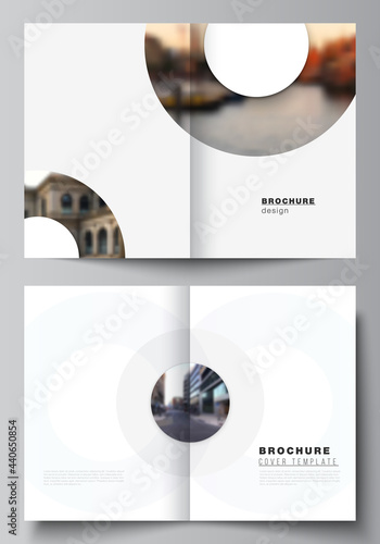 Vector layout of two A4 cover mockups templates for bifold brochure, flyer, magazine, cover design, book design. Background template with rounds, circles for IT, technology. Minimal style.
