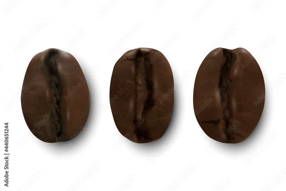 Vector 3d Realistic Coffee Beans. Textured Roasted Coffee Bean Icon Set Closeup Isolated on White Background Top View Vector 3d Realistic Coffee Beans. Textured Roasted Coffee Bean Icon Set Closeup Isolated on White Background Top View