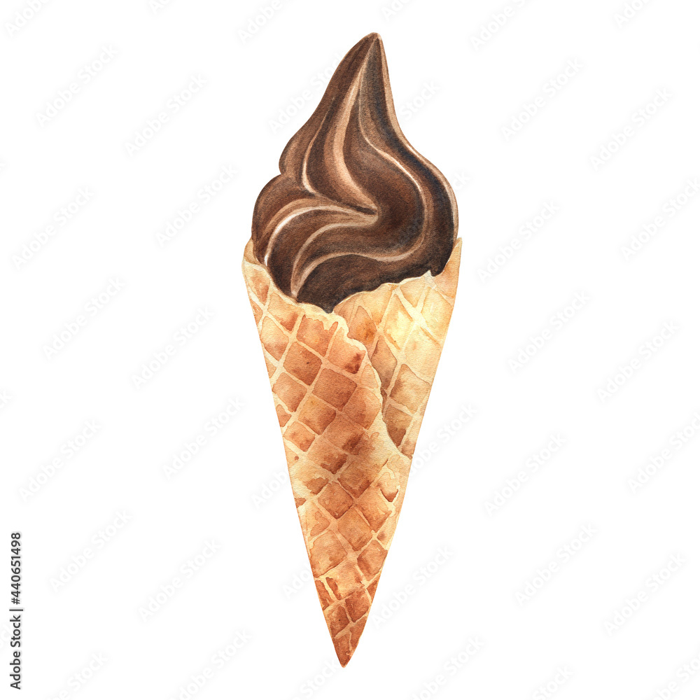 Chocolate ice cream in a waffle cone; watercolor illustration on white isolated background. Chocolate ice cream in a waffle cone; watercolor illustration on white isolated background.