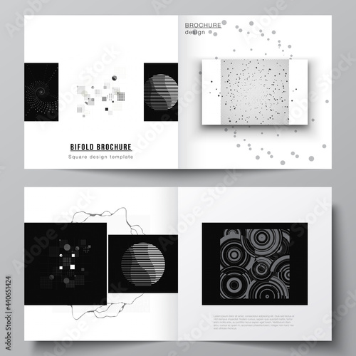 Vector layout of two covers templates for square bifold brochure, flyer, cover design, book design, brochure cover. Abstract technology black color science background. Digital data visualization.