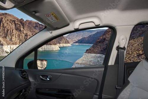 Fototapeta Naklejka Na Ścianę i Meble -  Car window with view of Colorado river, Nevada, USA