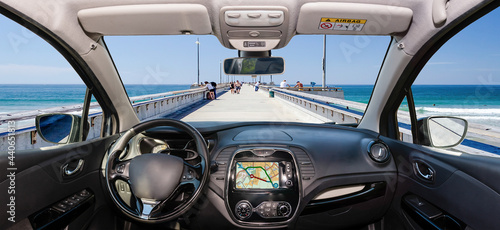 Car windshield with view of Venice Beach Pier, California, USA