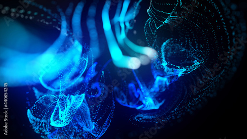 3d render. Injection of fluorescent ink in water isolated on black background. Glow particles or sparks like shiny magic spell. Fantastic background for festive event. Blue shades