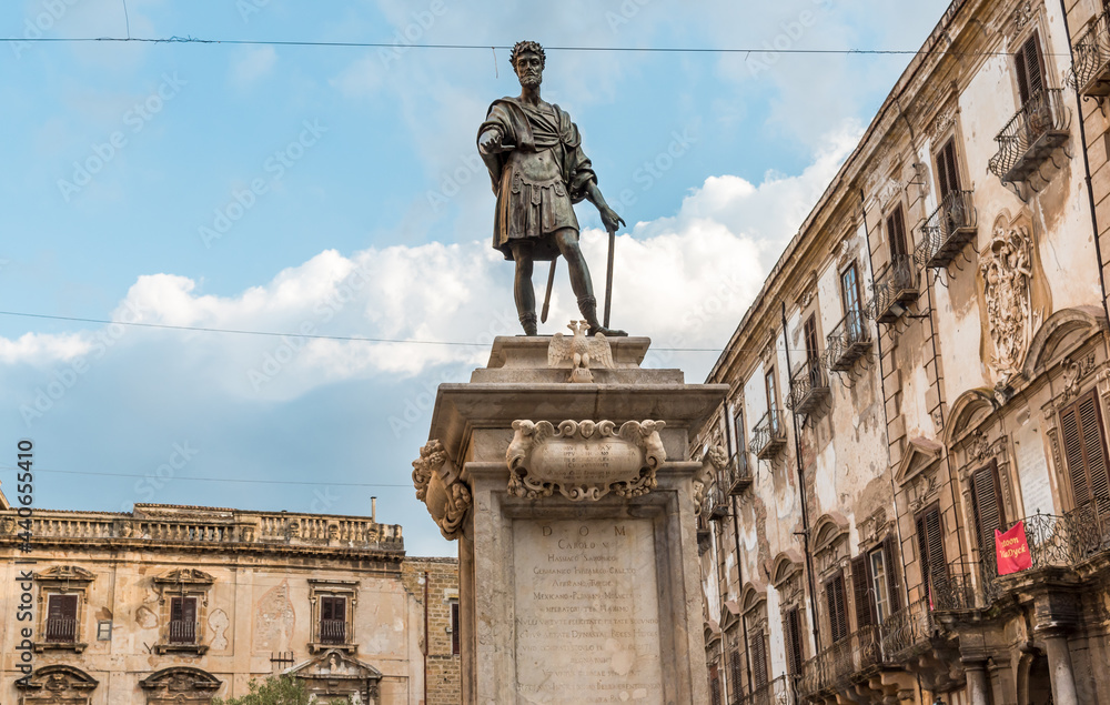 The statue of Charles V is a monument of Palermo located in Bologni square in the Albergheria district, Sicily, Italy