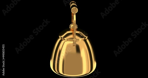 Gold fun old teapot with round handle rotates. Alpha matte channel for compositing.