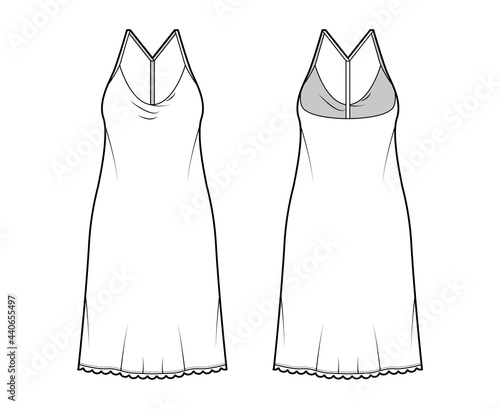 Dress slip technical fashion illustration with oversized body, knee length pencil skirt, racerback. Flat apparel front, back, white color style. Women, men unisex CAD mockup