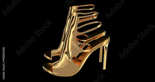 Golden high heels semi-closed-toe shoes with open heel and closed instep. Heel is tall where the foot being significantly higher off the ground than the wearer's toes. Alpha matte channel.