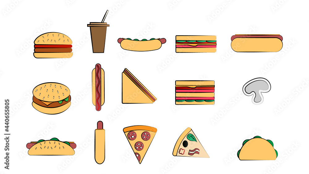 Set of 15 icons of items of delicious food and snacks for a cafe bar restaurant on a white background: burger, hot dog, sandwich, pizza, burrito, drink Set of 15 icons of items of delicious food and snacks for a cafe bar restaurant on a white background: burger, hot dog, sandwich, pizza, burrito, drink