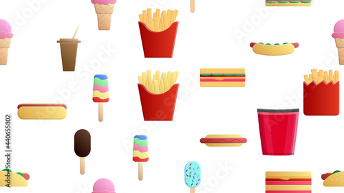 Endless white seamless pattern of delicious food and snack items icons set for restaurant bar cafe: fries, sandwich, ice cream, popcorn, drink. The background