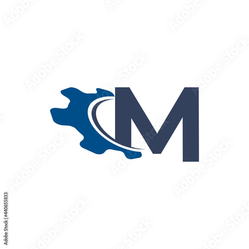 Corporation Letter M with Swoosh Automotive Gear Logo Design. Suitable for Construction, Automotive, Mechanical, Engineering Logos